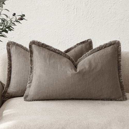 Boho Linen Fringe Lumbar Throw Pillow Covers 12×20 Light Coffee (2 Count)