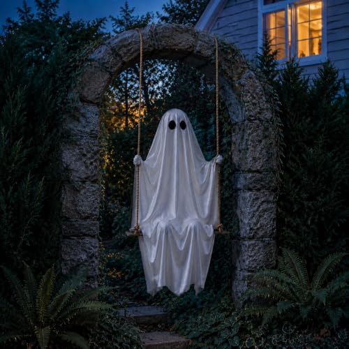 Halloween Ghost Decorations 2026 New 5 FT Large Hanging Swing Ghost with Warm LED Lights Inside
