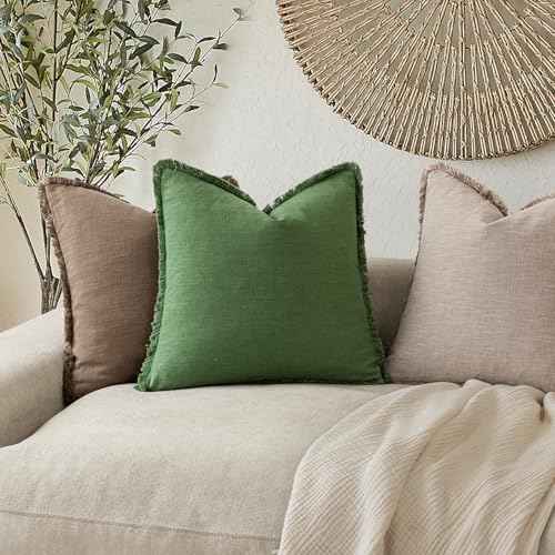 Decorative Linen Fringe Throw Pillow Covers 22×22 Forest Green (2 Count)