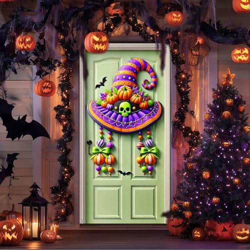 Halloween Entryway Banner Witch Hat Skull 35x71 Inch Polyester