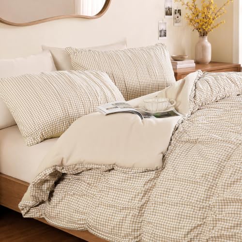 Tan Gingham Queen Size Comforter Sets