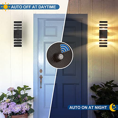 2PK Dusk to Dawn Sensor Outdoor Wall Lights Up Down Porch Lights Modern Exterior Light Fixtures Photocell Waterproof Black Aluminum Housing for Front Porch