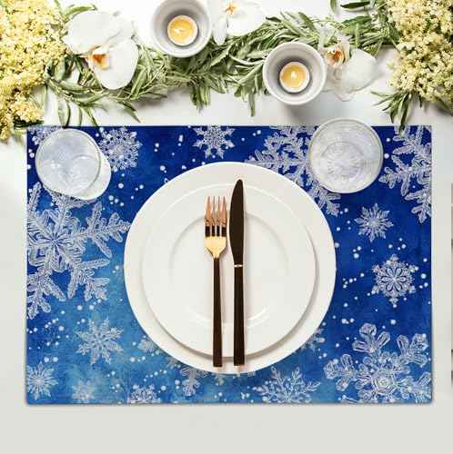 Winter Blue Snowflake Placemats Set of 4 Merry Christmas Snowflakes Linen Fabric Table Mats Seasonal Xmas Holiday Washable Place Mats for Party Kitchen Dining Outdoor Indoor Decor