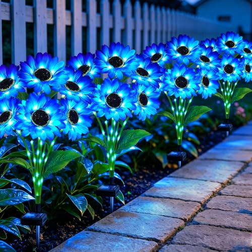 Solar Sunflower Lights 4 Pack with 24 Blue Sunflower Solar Lights Outdoor Waterproof (24 Count)