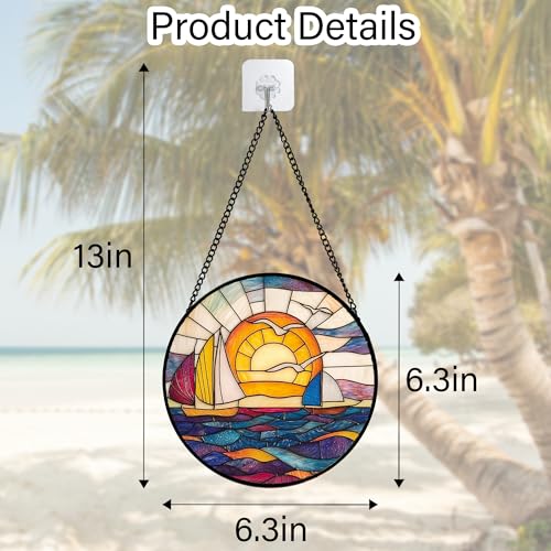 Sunset Sailboat Stained Glass Window Hanging Suncatcher Gifts Decor 6.3"