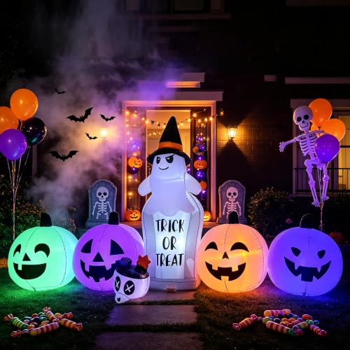 8FT Halloween Inflatable Ghost Tombstone & Jack (Purple White)
