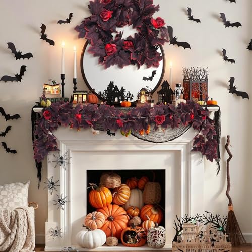 Fall Leaves Garland Hanging Maple Leaf Vines Fake Burgundy Rose (11.4 Foot)