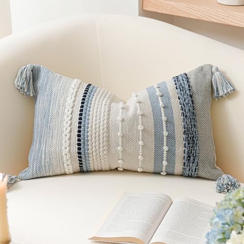 Decorative Lumbar Throw Pillow Cover 14x24 Boho Coastal Blue Accent Cushion for Couch Sofa Farmhouse Pillowcase for Bedroom Living Room Home Décor Cover ONLY