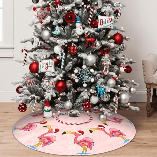48" Pink Flamingo Pattern Christmas Tree Skirt Large Tree Mat Base Cover for Xmas Festive Holiday Party Decoration Ornaments
