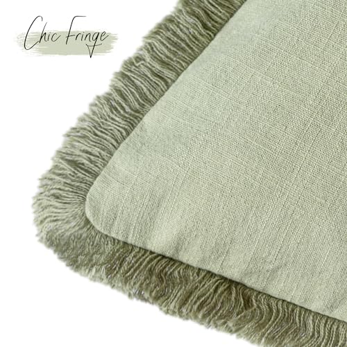 Decorative Linen Fringe Throw Pillow Covers 16×16 Light Green (2 Count)