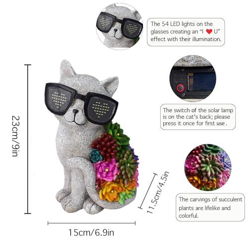 Solar Cat Garden Decor Statues with Succulent LED Lights and Sunglasses