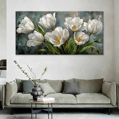 Oversized Canvas Wall Art Decor White Tulip Flower Canvas Art Wall Decor For Living Room Modern Floral Botanical Wall Art Prints Elegant Nature Flower Wall Art For Bedroom Home Office Decor 29"×58"