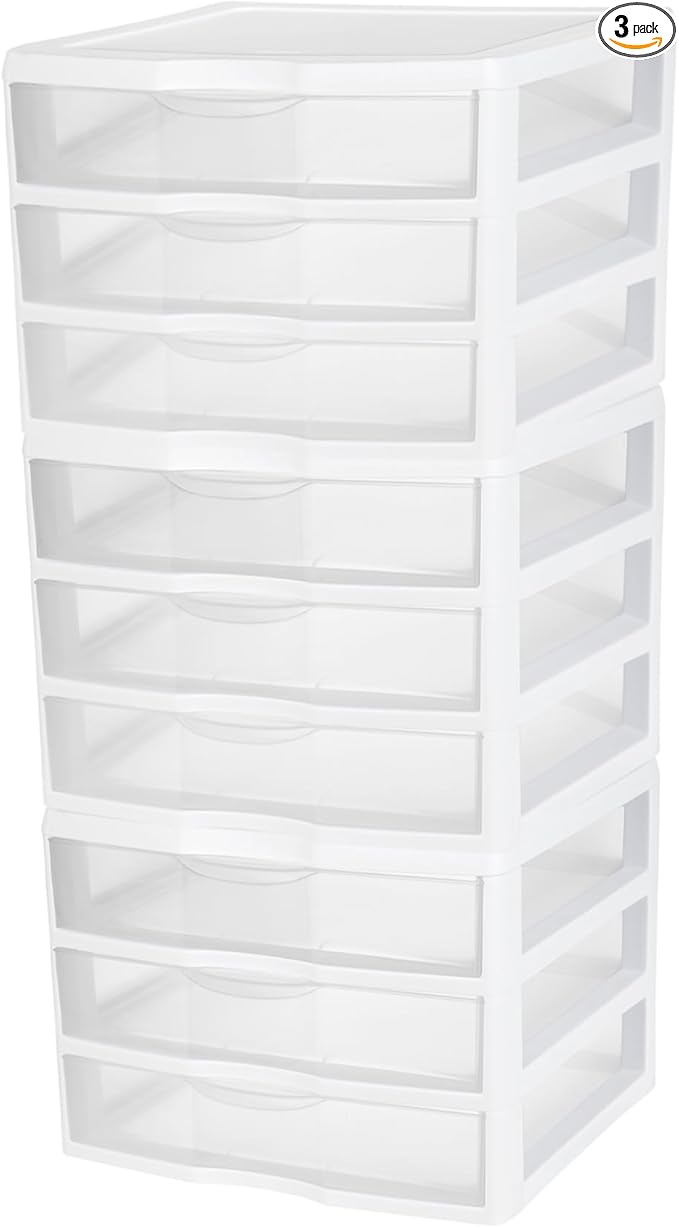 Sterilite 3-Pack Wide 3 Drawer Unit, Plastic Desktop Organizer with Clear Drawers, White Frame - Stackable Multi-Purpose Storage for Office Supplies, Craft Rooms, Classrooms and Home Organization