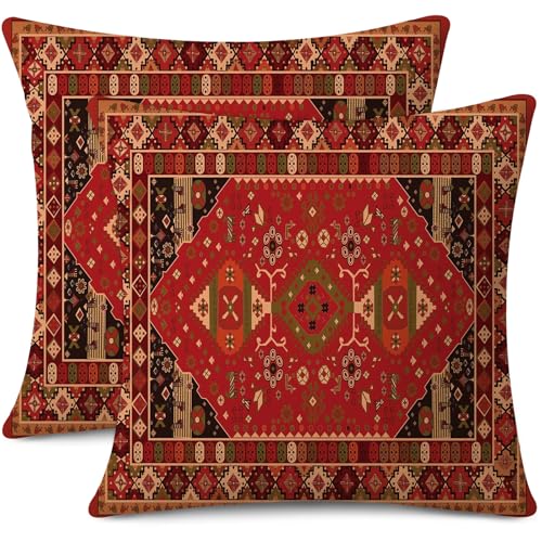 Outdoor Waterproof Pillow Covers 18X18 Inch Set of 2 Bohemian Vintage Carpet Pattern Pillow Covers Ethnic Design Decorative Farmhouse Cushion Case for Couch Red (8 Count)