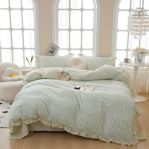 Green Floral Comforter Set Twin XL Romantic Ruffled Comforter Blue Flower Bedding Comforter Set Soft Microfiber Floral Bedding Set Lightweight Fluffy Vintage Botanical Comforter for All