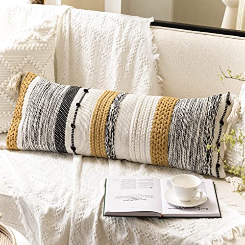 Decorative Lumbar Throw Pillow Cover 14x36 Boho Long Cushion for Bed Yellow Mustard Accent Farmhouse Pillowcase for Bedroom Living Room Couch Sofa Home Décor Cover ONLY