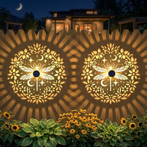2 Pack Solar Fence Lights Metal Solar Powered Outdoor Wall Deck Step Lights Dragonfly Floral Theme Waterproof Fence Light for Garden Post Patio Backyard Yard Decor (2 Count)