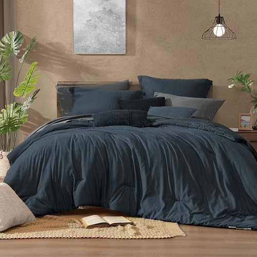 Twin XL Comforter Set 5 Pieces Navy Blue Bed in a Bag for Dorm