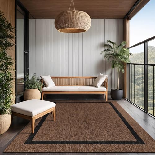 Bordered Outdoor Rug 8x10 Washable Outside Carpet for Indoor Patio Porch Waterproof Easy Cleaning Non Shedding Area Rugs Nut Brown