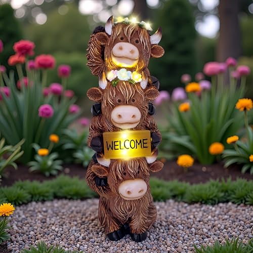 12 Inch Highland Cow Garden Statue Solar Outdoor Decor for Yard Patio Porch