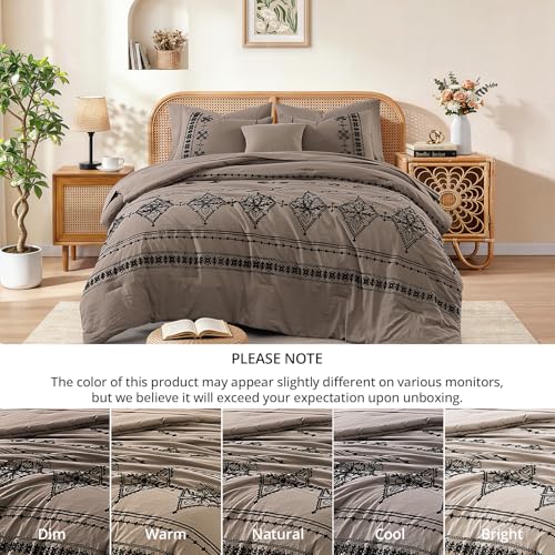 Queen Comforter Set Embroidery Floral 7 Pieces Bed in a Bag