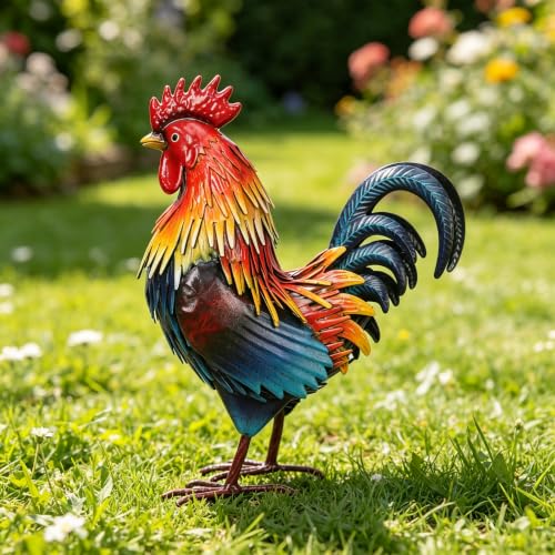 Rooster Garden Statue Sculpture Metal Chicken Yard Decor Outdoor Figurines Patio Backyard Decoration