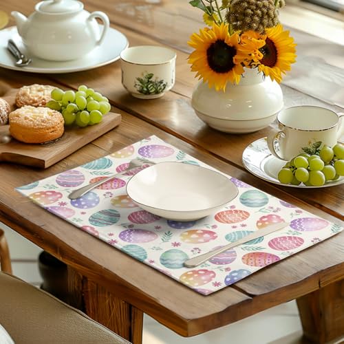 Easter Placemats Set of 4 Watercolor Colorful Eggs Floral Table Mats 12x18 Inch Spring Washable Heat Resistant Linen Fabric Place Mat for Indoor Outdoor Kitchen Dining Home (4 Count)