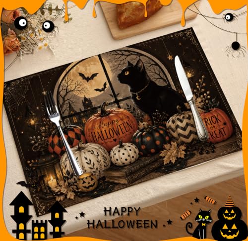 Halloween Placemats Set of 4 Black Cat Pumpkin Linen Table Mats 18x12 Inch (4 Count)