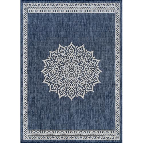 Outdoor Rug 9x12 Medallion Blue Modern Large Area Rugs for Indoor and Outdoor Patios Kitchen and Hallway Mats Washable Porch Deck Outside Carpet (108 Sq Ft)