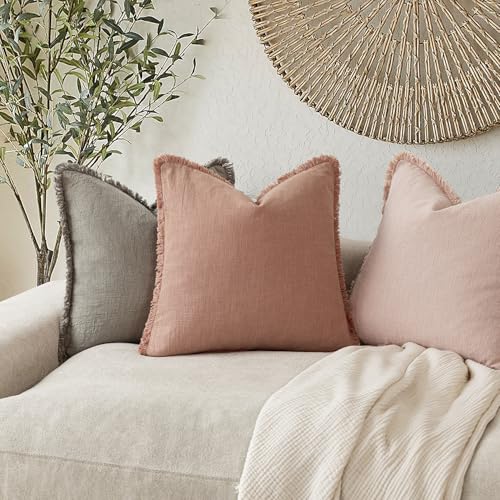Decorative Linen Fringe Throw Pillow Covers 26×26 Coral Pink (2 Count)