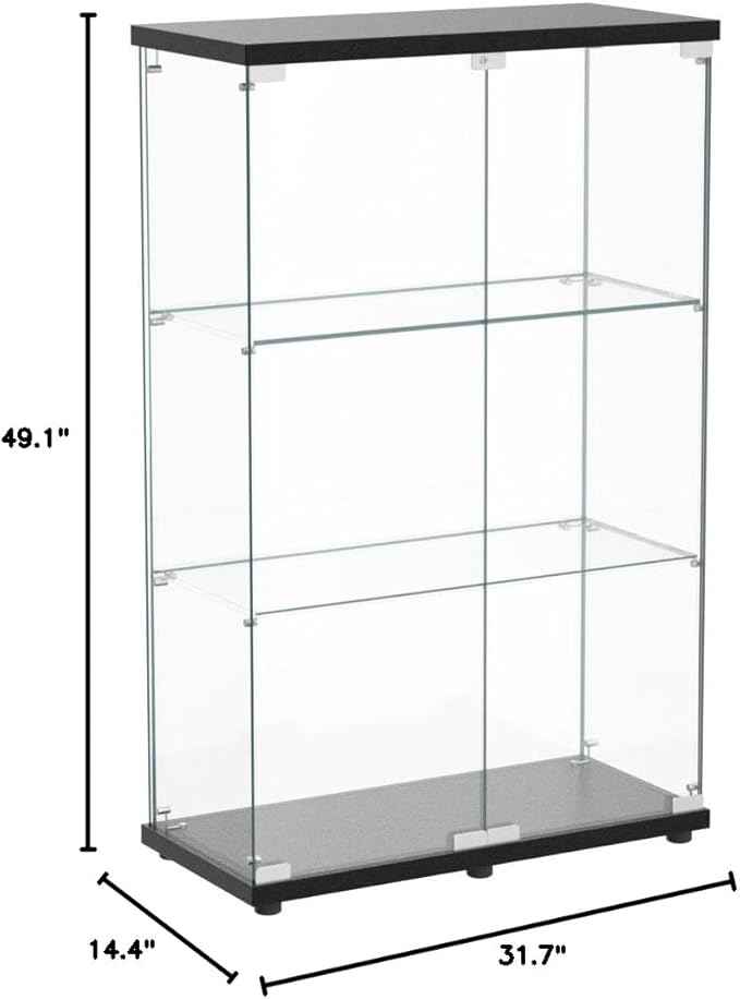 Beauty4U 2 Doors Glass Display Cabinet with 3 Shelves, Curio Cabinets for Living Room, Bedroom, Office, Black Floor Standing Glass Bookshelf, Quick Installation