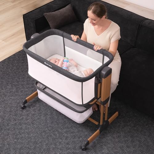 3-in-1 Baby Bassinet, Rocking Baby Bassinets Bedside Sleeper, Adjustable Portable Crib for Newborn Infant with Wheels Storage Basket and Mesh Sides