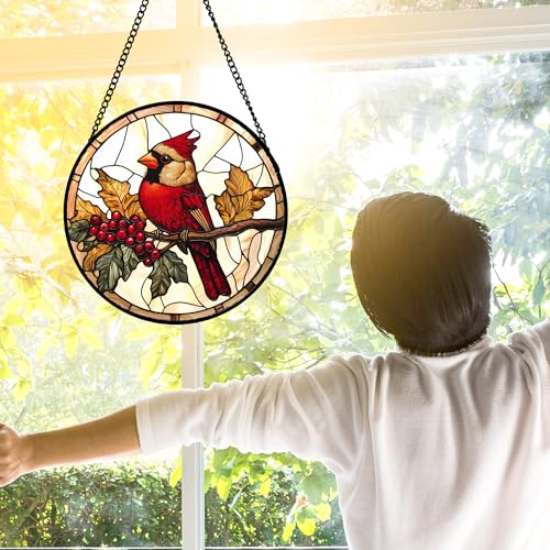 Festive Cardinal Berry Stained Glass Window Hanging Suncatcher Gifts 9.8"