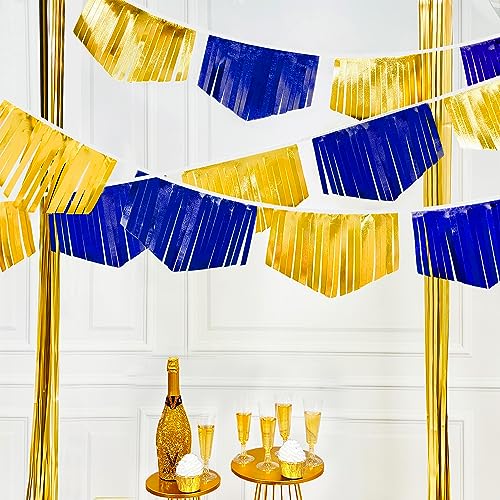 Royal Blue Gold Tassel Banner Metallic Fabric Pennant Bunting Flag for Graduation Retirement Bachelorette Birthday Engagement Wedding Bridal Shower Nautical Ahoy Achor Party Decorations Supplies (18 Count)