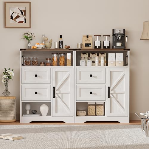 Farmhouse Buffet Sideboard Cabinet with 2 Drawers and Open Shelf
