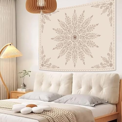Boho Floral Mandala Tapestry for Bedroom Aesthetic Bohemian Flower Wall Tapestry Beige Hippie Indian Small Tapestries Wall Hanging for Living Room Dorm Decor 40 x 30 Inch