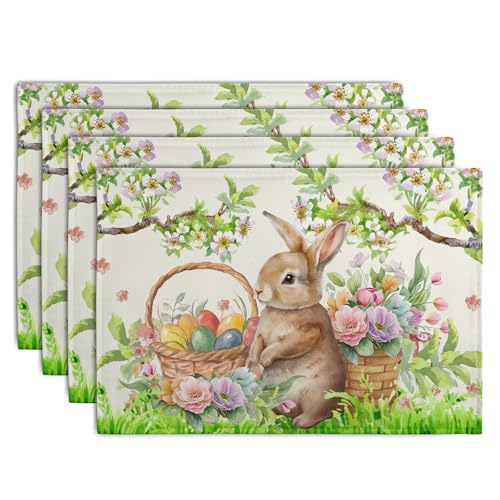 Easter Rabbit Placemats Set of 4 Spring Easter Egg Bunny Flowers Floral Place Mat 12x18 Inch Seasonal Farmhouse Linen Fabric Table Mats for Kitchen Dining Outdoor Indoor Easter Party Decoration
