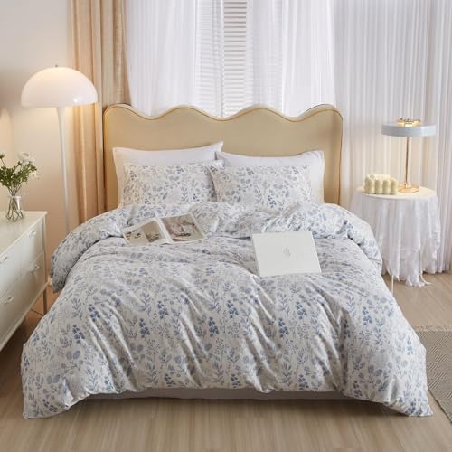 Vintage Flower Comforter Set King Blue Floral Bedding Comforter Cottagecore Flower Botanical Comforter Set Fluffy Soft Coquette Bedding King Size Lightweight Boho Floral Comforter with 2 Pillowcases (3 Piece Set)