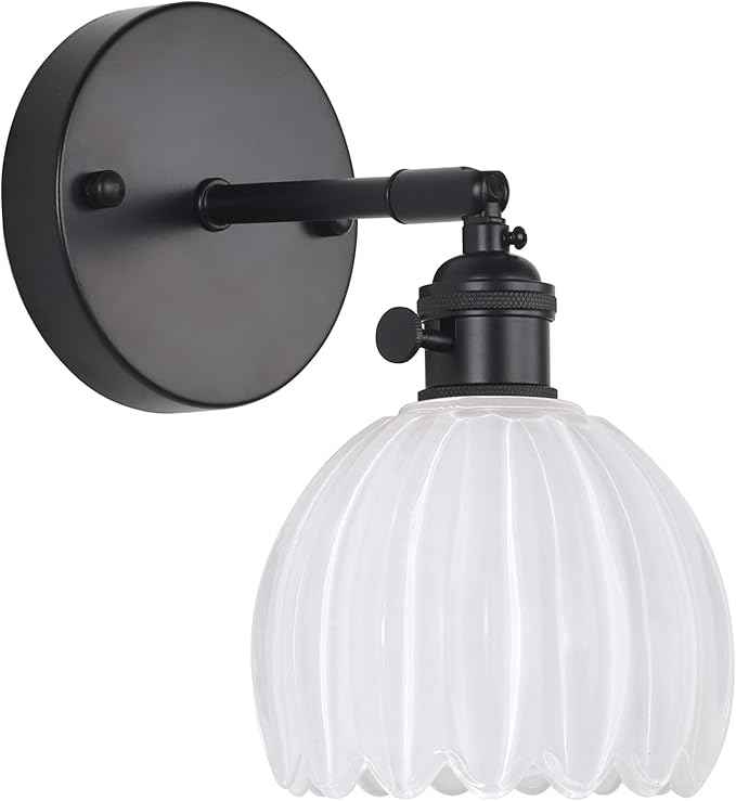 Vintage Wall Sconce with White Tulip Glass Lampshade 180 Degree Adjustable Black Sconce Hradwired Modern Wall Lighting Fixture with Switch for Bedside Bedroom Doorway