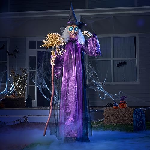 72" Outdoor Halloween Decorations Witch Life Size Animated with LED Eyes and Creepy Sound (Purple)