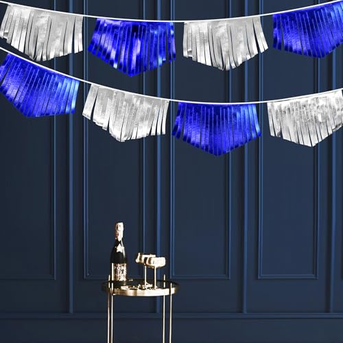 Royal Blue Silver Tassel Banner Metallic Fabric Pennant Bunting Flag for Graduation Birthday Retirement Bachelorette Engagement Wedding Bridal Shower Navy Nautical Ahoy Achor Party Decoration Supplies (16.93 Foot)