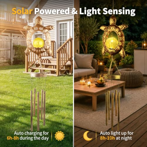 Sea Turtle Solar Lights Outdoor Decor Crackle Glass Ball Solar Turtle Wind Chimes for Outside Unique Gifts for Women Birthday Gardening Gift Housewarming Ornament for Patio Yard Garden Decor