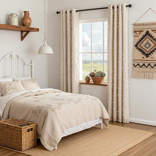 100% Blackout Curtains for Nursery Thermal Insulated Beige Pom Pom Curtain 72 Inch Length for Girls Bedroom 2 Panels Grommet White Sheer Drapes for Kitchen Dining Room Door (2 Count)