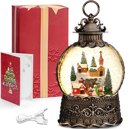 Village Snow Globe Christmas Decorations Indoor Church Snowman Snow Village Scene Gifts Classic Relief Texture Musical Glitter Snowfall USB