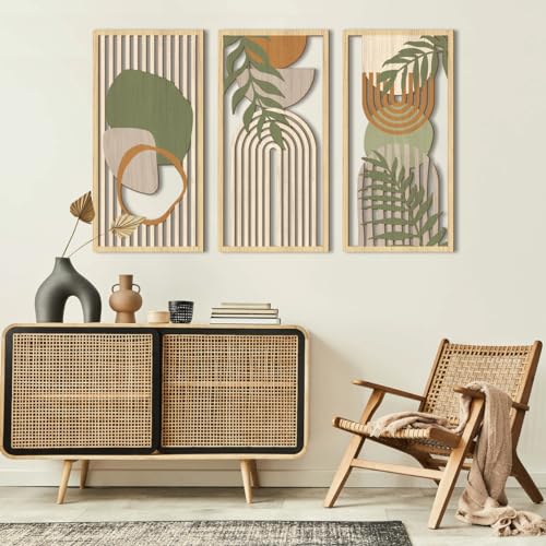 Boho Mid Century Modern Wood Wall Art 16x32 Inch Large Green Abstract Wood Wall Decor Mid Century Bohemian Artwork for Bedroom Living Room Office Kitchen Set of 3