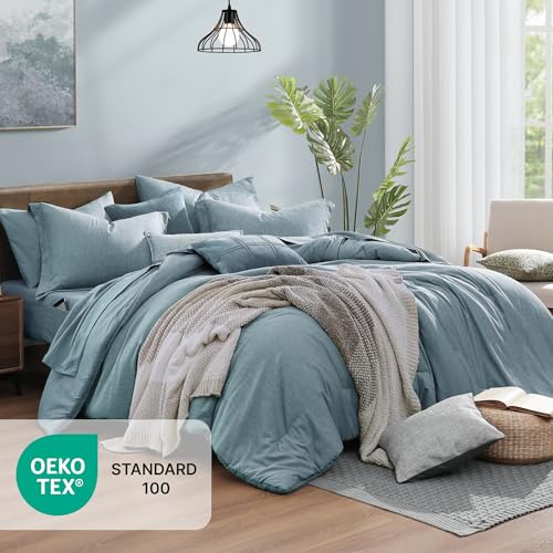 Queen Comforter Set 7 Pieces Dusty Blue Cationic Dyeing Bed in a Bag