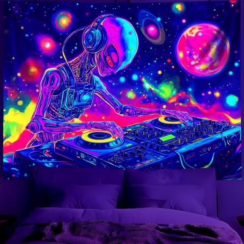 Blacklight Space Astronaut Tapestry UV Reactive Galaxy Planet Glow in Dark Tapestries Black Light Poster Neon Wall Hanging Art for bedroom Living Room