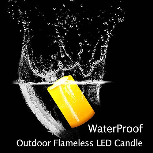 3 Waterproof Outdoor Battery Operated Flameless LED Pillar Candle with Timer Flickering Plastic Resin Electric Decorative Light for Lantern Patio Garden Home Decor Party Wedding (3 Count)