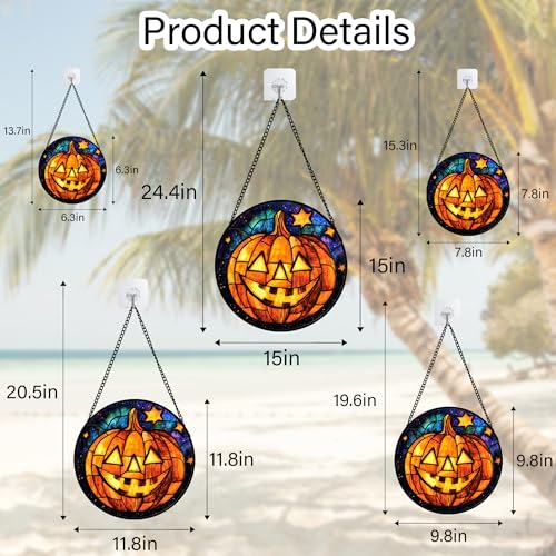 Stained Glass Window Hanging Halloween Horror Golden Pumpkin 7.8"