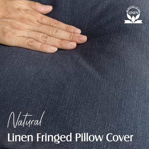 Boho Linen Fringe Lumbar Throw Pillow Covers 12×20 Navy Blue (2 Count)